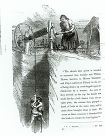A boy and girl being wound up a mine shaft by English School