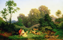 Shepherd and Shepherdess in a German landscape by Ludwig Adrian Richter