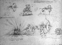 Study with Shields for Foot Soldiers and an Exploding Bomb von Leonardo Da Vinci