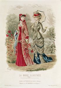 Fashion plate showing hats and dresses by French School