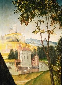 Landscape with castle in a moat and two swans by Rogier van der Weyden