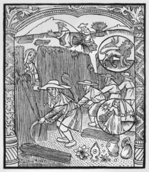 August, harvesting, Leo, illustration from the 'Almanach des Bergers' by Pierre Le Rouge