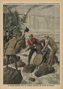 A man in a barrel crossing the Niagara Falls by French School