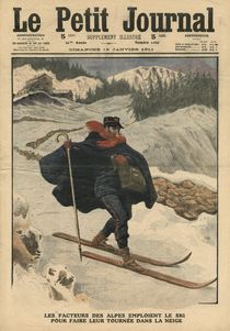 Alpine postmen using ski during their rounds in the snow by French School
