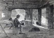 Interior of a settler's hut in Australia by English School