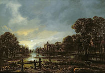 Moonlit River Landscape with Cottages on the Wooded Banks by Aert van der Neer