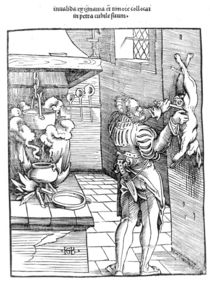 View of a sixteenth century kitchen with cook gutting a rabbit by Hans Baldung Grien