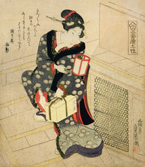 Woman climbing the stairs holding a lamp and a box by Utagawa Sadakage