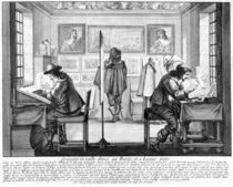 Plate engravers working with gallery behind by Abraham Bosse