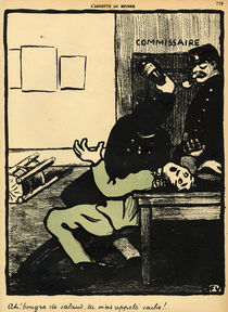 A policeman hits a man with a bottle in a police station by Felix Edouard Vallotton
