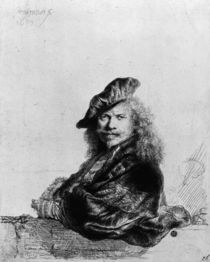 Self portrait leaning on a stone sill by Rembrandt Harmenszoon van Rijn