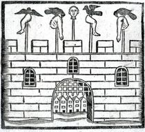 Body on spikes on the castle battlements by English School