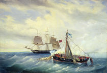 Battle between the Russian ship Opyt and a British frigate by Leonid Demyanovich Blinov