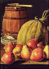 Still Life with pears, melon and barrel for marinading by Luis Egidio Melendez