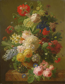 Flowers in a vase on a marble console table by Jan Frans van Dael