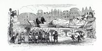 Gulliver being transported to the Lilliputian capital by Grandville