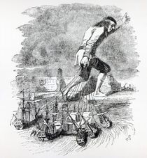 Gulliver stealing the Blefuscudian fleet by Grandville