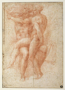 Nude female seated on the knees of a seated male nude: Adam and Eve by Michelangelo Buonarroti