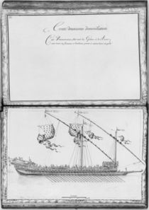 A galley with oars and flags by French School