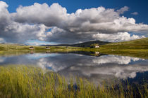 Huts on lake in landscape of Norway, Rondane NP von Bastian Linder