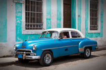 Blue old car in front of blue house, Cuba by Bastian Linder