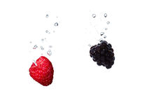 Raspberry and blackberry in water with air bubbles by Bastian Linder