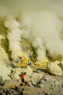 Workers mining sulfur inside volcano Ijen by Bastian Linder