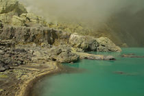 Yellow sulfur mine with blue lake inside volcano, Ijen Plateau by Bastian Linder