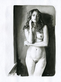 Nude study of a woman standing against a wall von Rene Bui