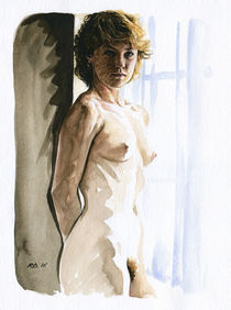 Nude study of a blonde woman standing at the window by Rene Bui