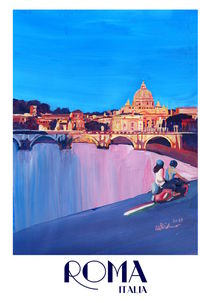 Rom Szene mit Motorroller und Blick auf Vatikan mit Kuppel von St. Peter - Retro Poster by M.  Bleichner