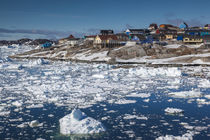 Greenland, Disko Bay, Ilulissat, elevated town view with floating ice von Danita Delimont
