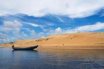 Boat and sand dune along the Preguicas River, Maranhao State, Brazil by Danita Delimont