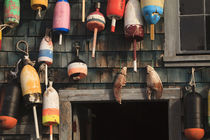 USA, Maine, Bass Harbor, Lobster buoys on a building at Bass Harbor. by Danita Delimont
