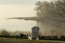 Foggy morning in spring, chair overlooking Casco Bay, Freeport, Maine by Danita Delimont