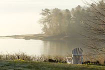 Foggy morning in spring, chair overlooking Casco Bay, Freeport, Maine by Danita Delimont