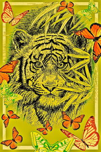 Tiger And Butterflies In Olive by gittagsart