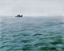 Boat in misty green ocean by Ellen Paul watercolor