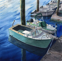 Boat in Marina, Cape Cod, Massachusetts, USA, reflection, watercolor, coastal by Ellen Paul watercolor