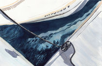 Reflection, boat reflection,  Cape Cod Marina, Massachusetts, boat, USA, sailing, watercolor by Ellen Paul watercolor