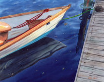 Reflection, boat reflection,  Cape Cod Marina, Massachusetts, boat, USA, sailing, watercolor by Ellen Paul watercolor