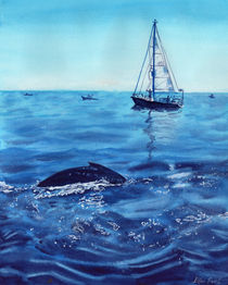 Dolphin in the ocean, boat in the ocean, waves, sailing, watercolor by Ellen Paul watercolor