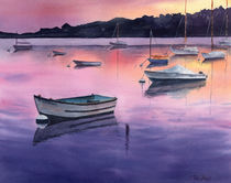 Sunset in marine, Cape Cod, Massachusetts, boats in sunset, watercolor by Ellen Paul watercolor
