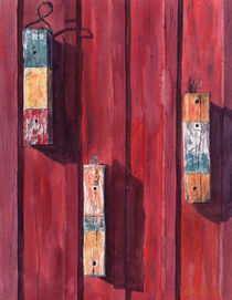 Pieces of woods on the red wall, fishing house, Massachusetts, Rockport, watercolor by Ellen Paul watercolor