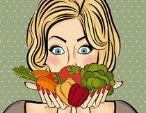 Surprised pop art  woman that holds vegetables  in her hands  by Claudia Balasoiu