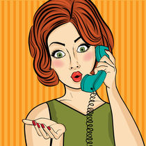 Surprised pop art  woman chatting on retro phone by Claudia Balasoiu
