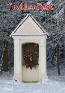 Weihnachtspostkarte Kapelle im Winterwald von kattobello