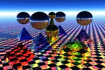 pyramids and balls over checkerboard by kunstmarketing