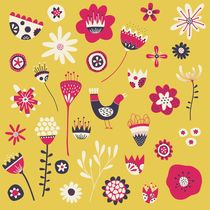 Scandi Birds and Flowers Yellow von Nic Squirrell