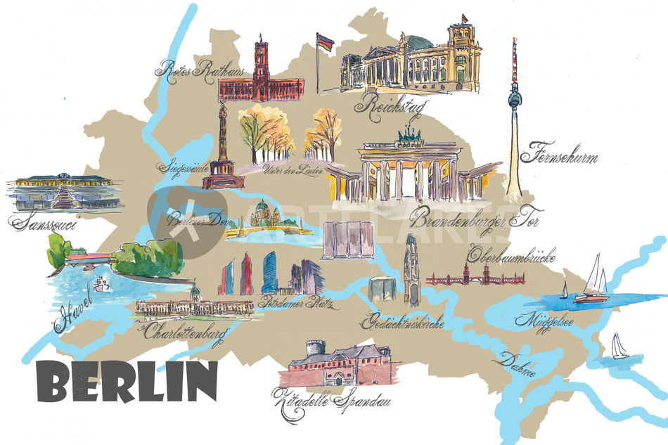 "Berlin Karte mit touristischen Top Ten Highlights" Mixed Media als